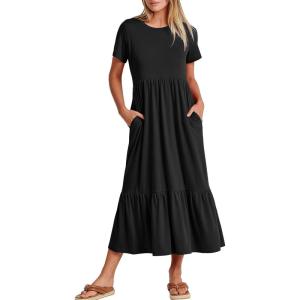 ANRABESS Womens 2025 Summer Casual Maxi Dress A line Tiered Flowy Short Sleeve Crewneck T Shirt Beach Travel Long Dresses(Black)