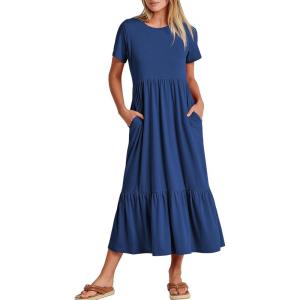 ANRABESS Womens 2025 Summer Casual Maxi Dress A line Tiered Flowy Short Sleeve Crewneck T Shirt Beach Travel Long Dresses(Blue)