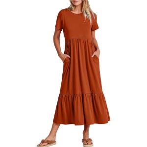 ANRABESS Womens 2025 Summer Casual Maxi Dress A line Tiered Flowy Short Sleeve Crewneck T Shirt Beach Travel Long Dresses(Brick Red)