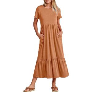 ANRABESS Womens 2025 Summer Casual Maxi Dress A line Tiered Flowy Short Sleeve Crewneck T Shirt Beach Travel Long Dresses(Brown)