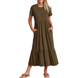 ANRABESS Womens 2025 Summer Casual Maxi Dress A line Tiered Flowy Short Sleeve Crewneck T Shirt Beach Travel Long Dresses(Coffee)