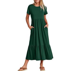 ANRABESS Womens 2025 Summer Casual Maxi Dress A line Tiered Flowy Short Sleeve Crewneck T Shirt Beach Travel Long Dresses(Deep Green)