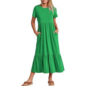 ANRABESS Womens 2025 Summer Casual Maxi Dress A line Tiered Flowy Short Sleeve Crewneck T Shirt Beach Travel Long Dresses(Forest)
