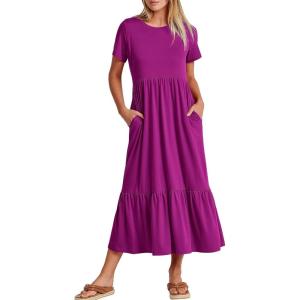 ANRABESS Womens 2025 Summer Casual Maxi Dress A line Tiered Flowy Short Sleeve Crewneck T Shirt Beach Travel Long Dresses(Fuchsia)