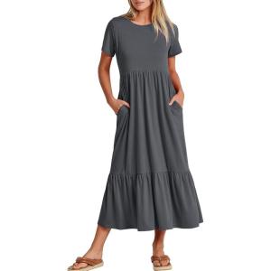 ANRABESS Womens 2025 Summer Casual Maxi Dress A line Tiered Flowy Short Sleeve Crewneck T Shirt Beach Travel Long Dresses(Gray Blue)