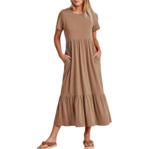 ANRABESS Womens 2025 Summer Casual Maxi Dress A line Tiered Flowy Short Sleeve Crewneck T Shirt Beach Travel Long Dresses(Khaki)