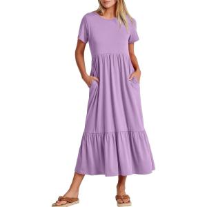 ANRABESS Womens 2025 Summer Casual Maxi Dress A line Tiered Flowy Short Sleeve Crewneck T Shirt Beach Travel Long Dresses(Lilac)
