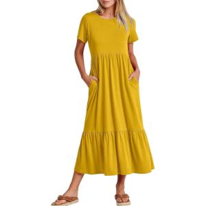 ANRABESS Womens 2025 Summer Casual Maxi Dress A line Tiered Flowy Short Sleeve Crewneck T Shirt Beach Travel Long Dresses(Mustrad Yellow)