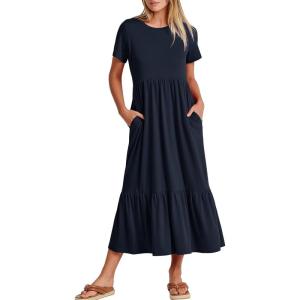 ANRABESS Womens 2025 Summer Casual Maxi Dress A line Tiered Flowy Short Sleeve Crewneck T Shirt Beach Travel Long Dresses(Navy Blue)