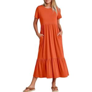 ANRABESS Womens 2025 Summer Casual Maxi Dress A line Tiered Flowy Short Sleeve Crewneck T Shirt Beach Travel Long Dresses(Orange)