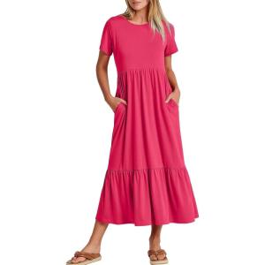 ANRABESS Womens 2025 Summer Casual Maxi Dress A line Tiered Flowy Short Sleeve Crewneck T Shirt Beach Travel Long Dresses(Peach)