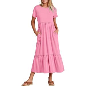 ANRABESS Womens 2025 Summer Casual Maxi Dress A line Tiered Flowy Short Sleeve Crewneck T Shirt Beach Travel Long Dresses(Pink)