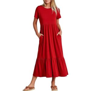 ANRABESS Womens 2025 Summer Casual Maxi Dress A line Tiered Flowy Short Sleeve Crewneck T Shirt Beach Travel Long Dresses(Red)