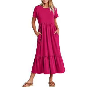 ANRABESS Womens 2025 Summer Casual Maxi Dress A line Tiered Flowy Short Sleeve Crewneck T Shirt Beach Travel Long Dresses(Rose)