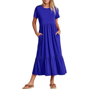 ANRABESS Womens 2025 Summer Casual Maxi Dress A line Tiered Flowy Short Sleeve Crewneck T Shirt Beach Travel Long Dresses(Royal Blue)