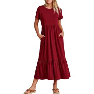 ANRABESS Womens 2025 Summer Casual Maxi Dress A line Tiered Flowy Short Sleeve Crewneck T Shirt Beach Travel Long Dresses(Wine Red)