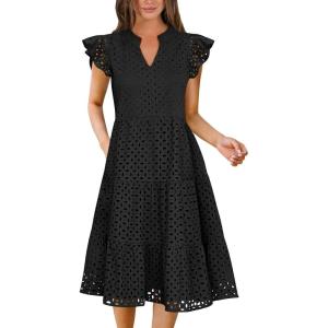 ANRABESS Womens 2025 Summer Midi Dress Hollow Out Eyelet Ruffle Sleeve V Neck Casual Flowy Tiered Beach Vacation Sundress(Black)