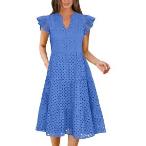 ANRABESS Womens 2025 Summer Midi Dress Hollow Out Eyelet Ruffle Sleeve V Neck Casual Flowy Tiered Beach Vacation Sundress(Blue)