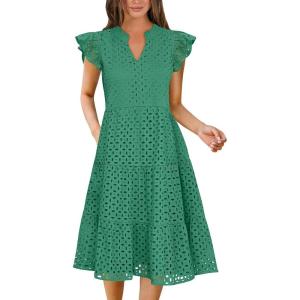 ANRABESS Womens 2025 Summer Midi Dress Hollow Out Eyelet Ruffle Sleeve V Neck Casual Flowy Tiered Beach Vacation Sundress(Dark Green)