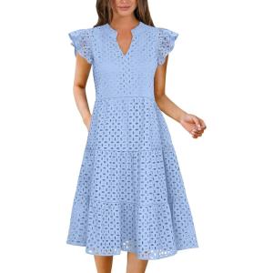 ANRABESS Womens 2025 Summer Midi Dress Hollow Out Eyelet Ruffle Sleeve V Neck Casual Flowy Tiered Beach Vacation Sundress(Light Blue)