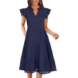 ANRABESS Womens 2025 Summer Midi Dress Hollow Out Eyelet Ruffle Sleeve V Neck Casual Flowy Tiered Beach Vacation Sundress(Navy Blue)