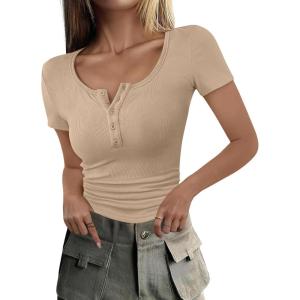 ANRABESS Womens 2025 Summer Short Sleeve Tops Ribbed Knit Henley Button Up Slim Fit Basic Casual T Shirts Blouse Fall Outfits(Apricot)