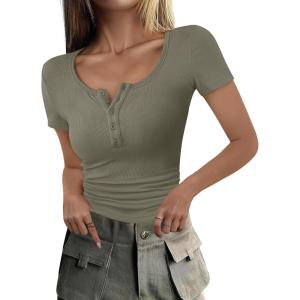 ANRABESS Womens 2025 Summer Short Sleeve Tops Ribbed Knit Henley Button Up Slim Fit Basic Casual T Shirts Blouse Fall Outfits(Army Green)