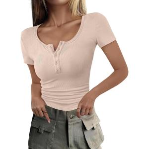 ANRABESS Womens 2025 Summer Short Sleeve Tops Ribbed Knit Henley Button Up Slim Fit Basic Casual T Shirts Blouse Fall Outfits(Beige)
