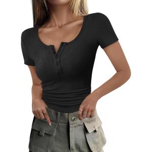ANRABESS Womens 2025 Summer Short Sleeve Tops Ribbed Knit Henley Button Up Slim Fit Basic Casual T Shirts Blouse Fall Outfits(Black)