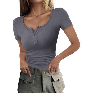 ANRABESS Womens 2025 Summer Short Sleeve Tops Ribbed Knit Henley Button Up Slim Fit Basic Casual T Shirts Blouse Fall Outfits(Black Grey)