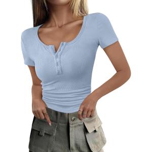 ANRABESS Womens 2025 Summer Short Sleeve Tops Ribbed Knit Henley Button Up Slim Fit Basic Casual T Shirts Blouse Fall Outfits(Blue)