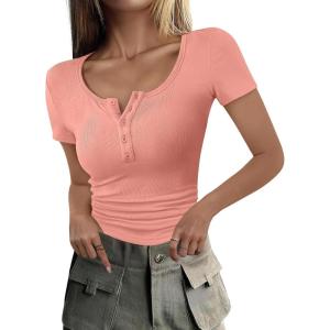 ANRABESS Womens 2025 Summer Short Sleeve Tops Ribbed Knit Henley Button Up Slim Fit Basic Casual T Shirts Blouse Fall Outfits(Coral)