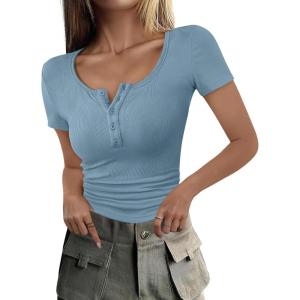 ANRABESS Womens 2025 Summer Short Sleeve Tops Ribbed Knit Henley Button Up Slim Fit Basic Casual T Shirts Blouse Fall Outfits(Deep Blue)