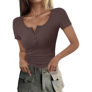 ANRABESS Womens 2025 Summer Short Sleeve Tops Ribbed Knit Henley Button Up Slim Fit Basic Casual T Shirts Blouse Fall Outfits(Deep Brown)