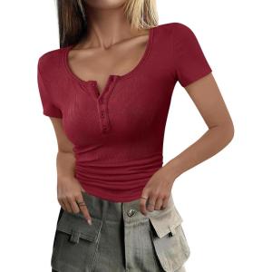 ANRABESS Womens 2025 Summer Short Sleeve Tops Ribbed Knit Henley Button Up Slim Fit Basic Casual T Shirts Blouse Fall Outfits(Deep Red)
