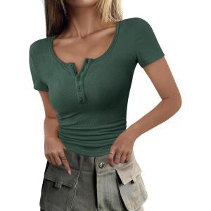 ANRABESS Womens 2025 Summer Short Sleeve Tops Ribbed Knit Henley Button Up Slim Fit Basic Casual T Shirts Blouse Fall Outfits(Forest Green)
