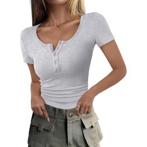 ANRABESS Womens 2025 Summer Short Sleeve Tops Ribbed Knit Henley Button Up Slim Fit Basic Casual T Shirts Blouse Fall Outfits(Grey)