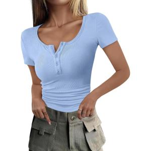ANRABESS Womens 2025 Summer Short Sleeve Tops Ribbed Knit Henley Button Up Slim Fit Basic Casual T Shirts Blouse Fall Outfits(Light Blue)