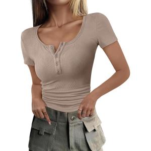 ANRABESS Womens 2025 Summer Short Sleeve Tops Ribbed Knit Henley Button Up Slim Fit Basic Casual T Shirts Blouse Fall Outfits(Light Khaki)