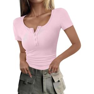 ANRABESS Womens 2025 Summer Short Sleeve Tops Ribbed Knit Henley Button Up Slim Fit Basic Casual T Shirts Blouse Fall Outfits(Pink)
