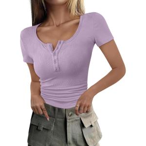 ANRABESS Womens 2025 Summer Short Sleeve Tops Ribbed Knit Henley Button Up Slim Fit Basic Casual T Shirts Blouse Fall Outfits(Purple)