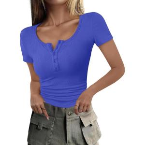 ANRABESS Womens 2025 Summer Short Sleeve Tops Ribbed Knit Henley Button Up Slim Fit Basic Casual T Shirts Blouse Fall Outfits(Royal Blue)