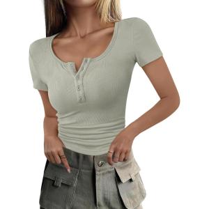 ANRABESS Womens 2025 Summer Short Sleeve Tops Ribbed Knit Henley Button Up Slim Fit Basic Casual T Shirts Blouse Fall Outfits(Sage Green)