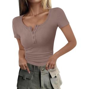 ANRABESS Womens 2025 Summer Short Sleeve Tops Ribbed Knit Henley Button Up Slim Fit Basic Casual T Shirts Blouse Fall Outfits(Taupe)