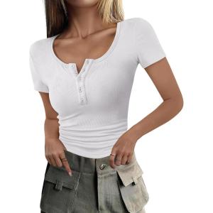 ANRABESS Womens 2025 Summer Short Sleeve Tops Ribbed Knit Henley Button Up Slim Fit Basic Casual T Shirts Blouse Fall Outfits(White)