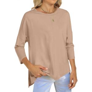 ANRABESS Womens 3/4 Length Sleeve Tops Loose Fit Tunic Shirts Oversized Spring Summer Casual Crew Neck Basic Boxy Tee(Light Khaki)