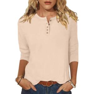 ANRABESS Womens 3/4 Sleeve Tops Henley Shirts Casual Trendy Button T Shirts 2025 Summer Basic Tunic(Apricot)