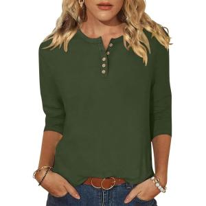 ANRABESS Womens 3/4 Sleeve Tops Henley Shirts Casual Trendy Button T Shirts 2025 Summer Basic Tunic(Army Green)