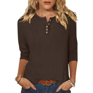ANRABESS Womens 3/4 Sleeve Tops Henley Shirts Casual Trendy Button T Shirts 2025 Summer Basic Tunic(Brown)
