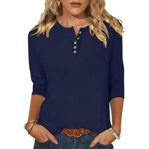 ANRABESS Womens 3/4 Sleeve Tops Henley Shirts Casual Trendy Button T Shirts 2025 Summer Basic Tunic(Dark Blue)